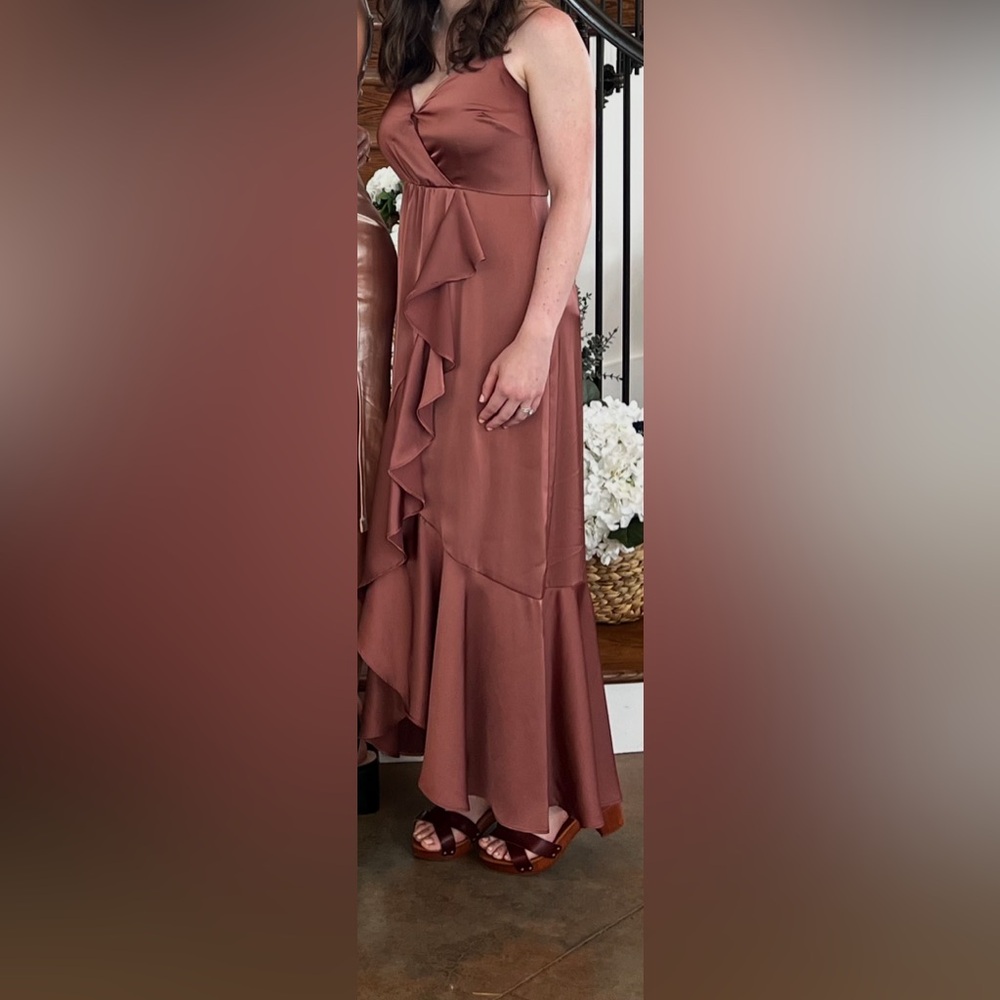 Enchanted Moments Mauve Pink Satin Ruffled High-Low Dress